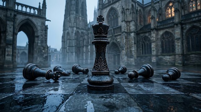 Chess knight on dark fantasy board in castle