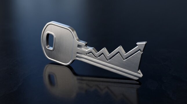 A metallic key with its jagged edge shaped like an upward trending financial stock market graph, representing access to financial success or investment opportunities.