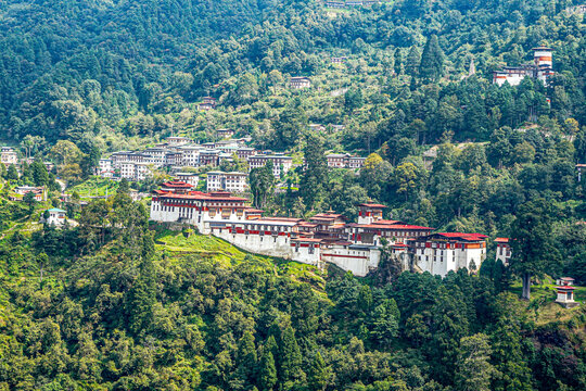Central Bhutan, the Trongsa Dzong, the biggest forteress in Bhutan. Situated on hill and overlooking green the valley