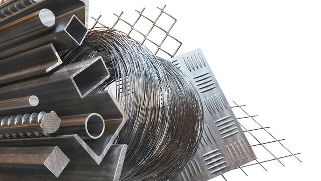Steel construction materials with wire mesh, rebar and metal profiles