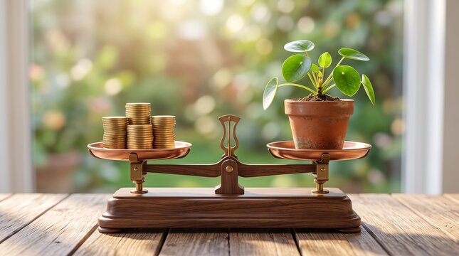 A vintage brass balance scale compares a stack of gold coins against a potted plant, illustrating the concept of investing in nature and sustainable growth.
