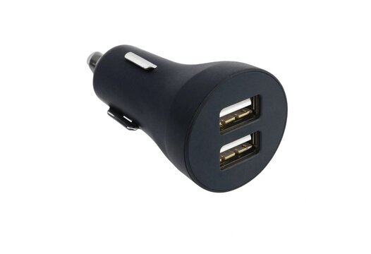 Black dual port car charger adapter for mobile phones isolated on white background
