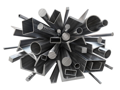 Assorted steel profiles, pipes and reinforcing bars isolated on white background