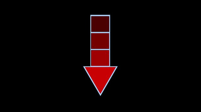 Red segmented downward arrow animation on a black background, ideal for download, decrease, decline, navigation, scrolling, interface, and direction concepts.