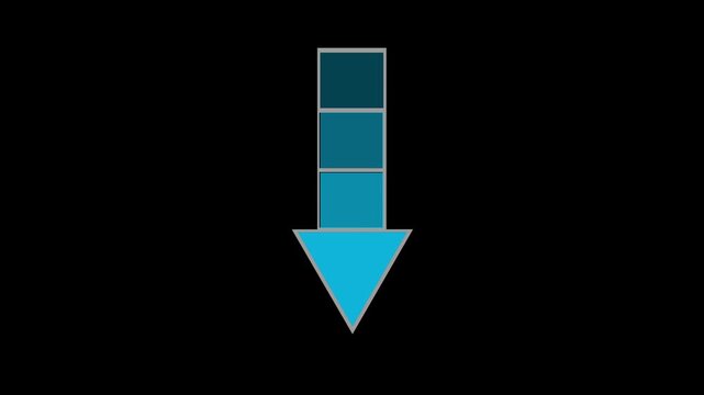 Cyan blue segmented downward arrow animation on a black background, ideal for download, navigation, scrolling, decrease, interface, and direction concepts.