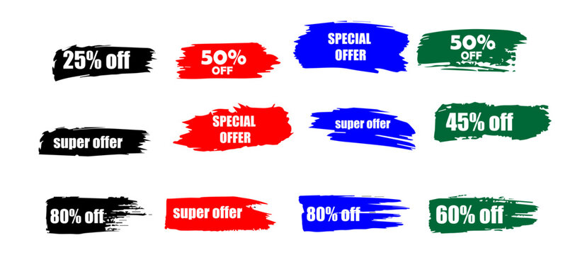 Sale discount tag vector set with brush stroke paint splash for promotional marketing advertisement.