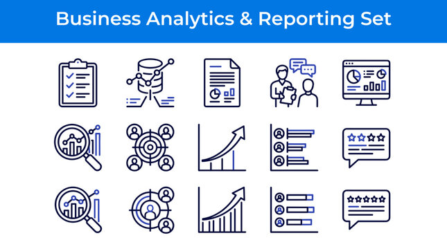 Business analytics and reporting set with data charts growth graphs user profiles and rating stars.