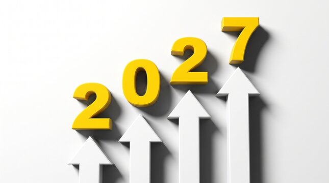 Yellow 2027 numerals above ascending white arrows representing future business success with four white upward