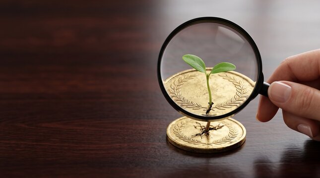 A hand holds a magnifying glass, closely examining a small green seedling sprouting from a large gold coin, illustrating financial research, investment analysis, and the careful nurturing of capital.