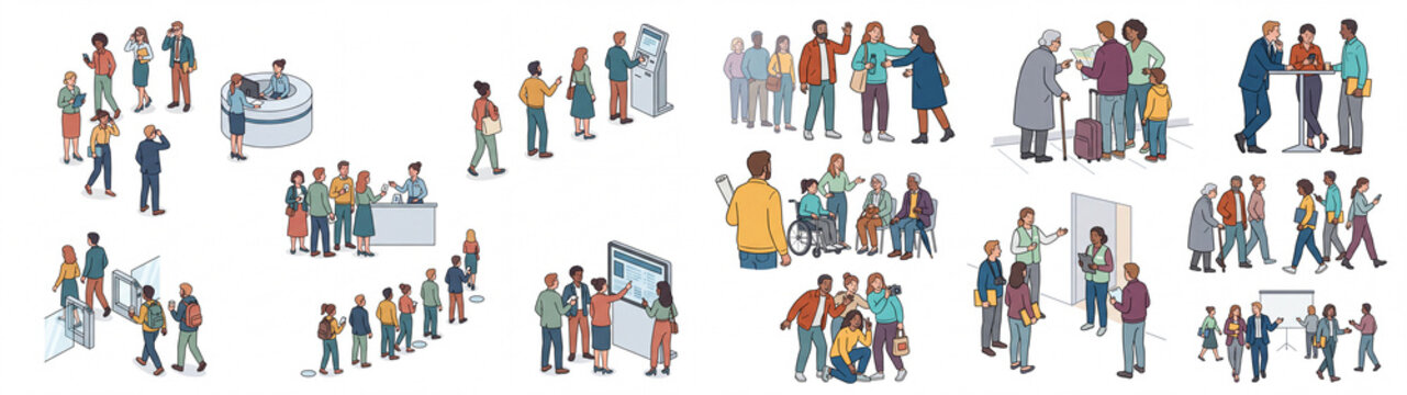Diverse People in Public Service, Travel and Queue Scenes Illustration Set