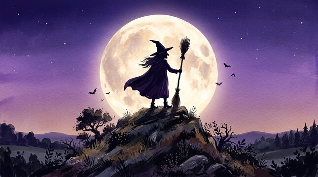 A mysterious silhouette of a witch standing on a hill under a giant full moon during a magical halloween night