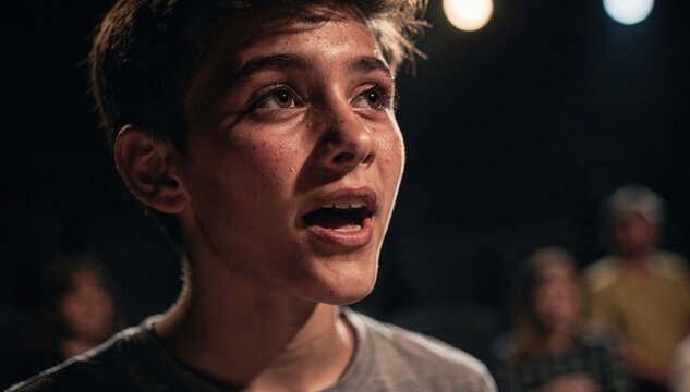 Closeup of a confident teen delivering spontaneous lines in an improv session their animated face crisp against the dimmed blurred theater setting.