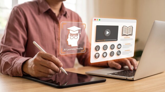 Person studying with online course on laptop with using laptop digital tablet online learning person sitting desk distance education virtual classroom