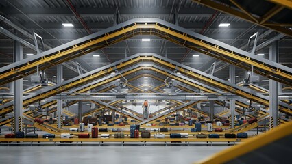 Fototapeta premium Busy Automated Warehouse with Luggage on Conveyor Belts in Action