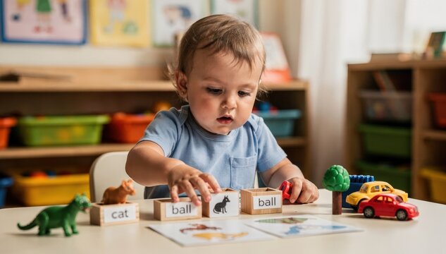 Medium shot of a toddler exploring a language learning activity using labeled toys with colorful classroom elements subtly blurred to emphasize the childs engagement