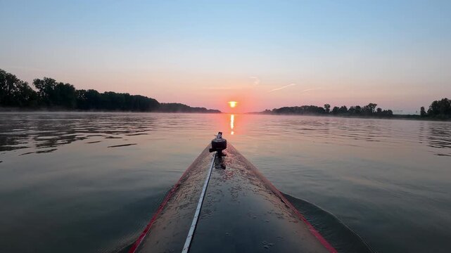 sunrise paddling on the Missouri River Mokane, MO - immersive POV from racing kayak or canoe