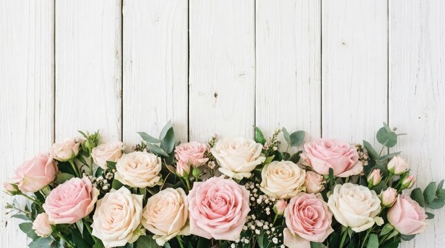 Beautiful pink and white roses on a rustic white wooden background