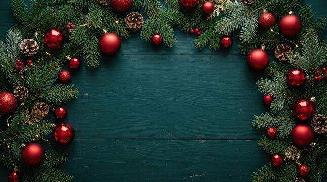 Christmas wreath with red ornaments on a dark green wooden background