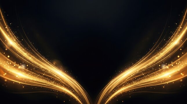 Abstract background with glowing golden light waves and sparkling particles