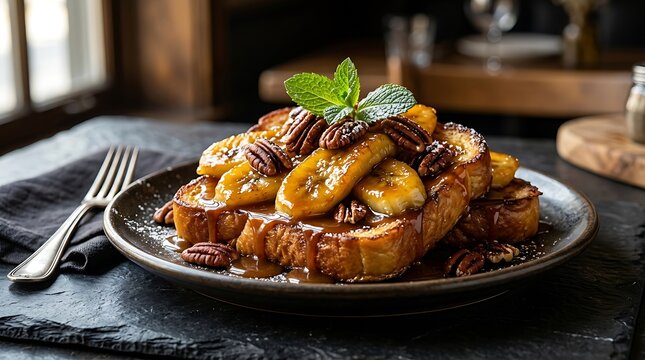 Delicious french toast with sliced bananas and pecans on a rustic dark table for breakfast. French toast toppings