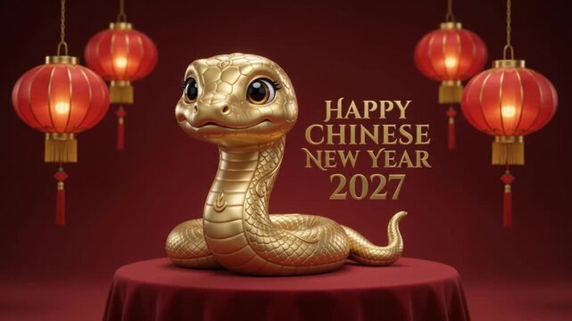 Golden Cute Snake Character Sitting on Red Table Beside Happy Chinese New Year 2027 Text Background