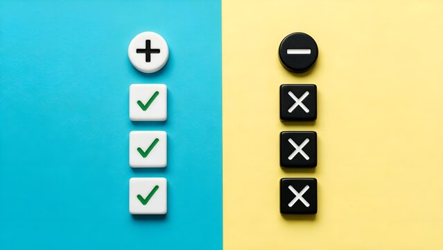 Positive plus and check marks contrast with negative minus and cross symbols arranged on vibrant blue and yellow paper surfaces to represent business decision making