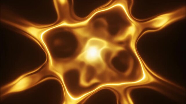 Molten-gold plasma pulses and reshapes continuously, with luminous tendrils flexing from a central glow against deep black in an opulent cinematic abstract motion background.