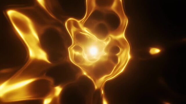 Molten-gold plasma pulses and reshapes continuously, with luminous tendrils flexing from a central glow against deep black in an opulent cinematic abstract motion background.