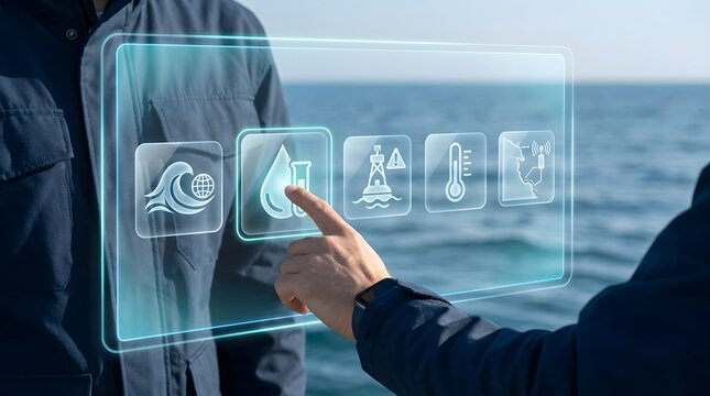A person interacts with a futuristic digital interface showing environmental data icons while standing in front of the ocean water