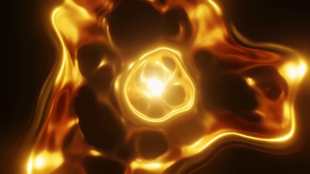 Molten-gold plasma pulses and reshapes continuously, with luminous tendrils flexing from a central glow against deep black in an opulent cinematic abstract motion background.