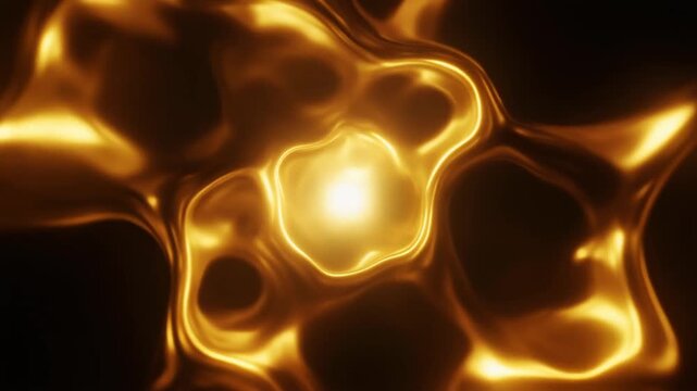 Molten-gold plasma pulses and reshapes continuously, with luminous tendrils flexing from a central glow against deep black in an opulent cinematic abstract motion background.