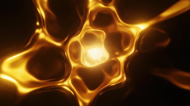 Molten-gold plasma pulses and reshapes continuously, with luminous tendrils flexing from a central glow against deep black in an opulent cinematic abstract motion background.