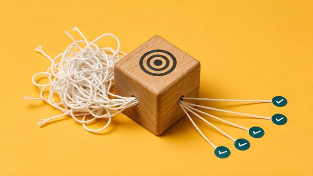 Wooden cube with target symbol transforming tangled white thread into organized straight lines with checkmark icons representing efficiency and clarity on a vibrant yellow background