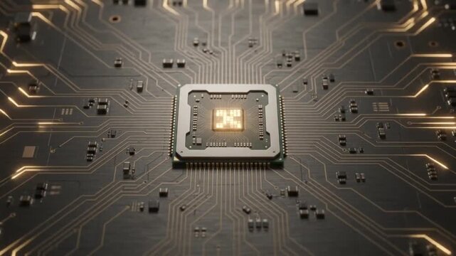 Computer Processor Microchip with Glowing Energy Lines Circuit Board Top View Background