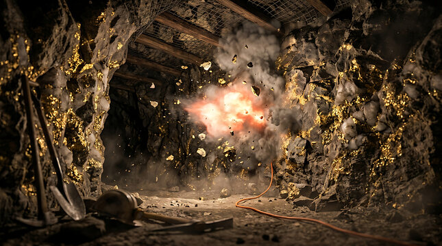 Dramatic explosion in a dark cave with debris flying.