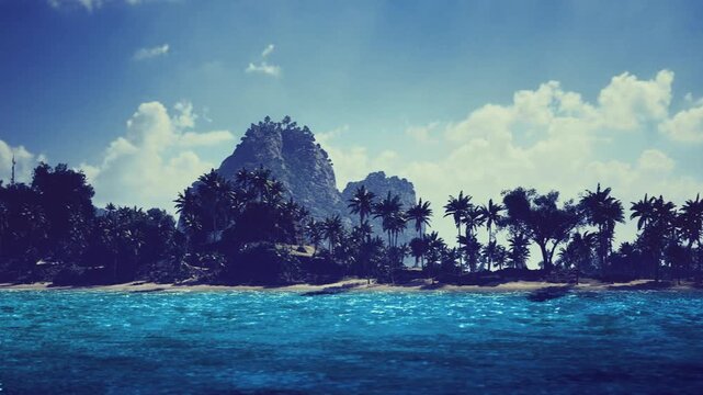 Turquoise ocean palm island dramatic sky, distant rocky islet silhouettes behind fringing palms, sunlit ripples across foreground, highcontrast cumulus clouds,
