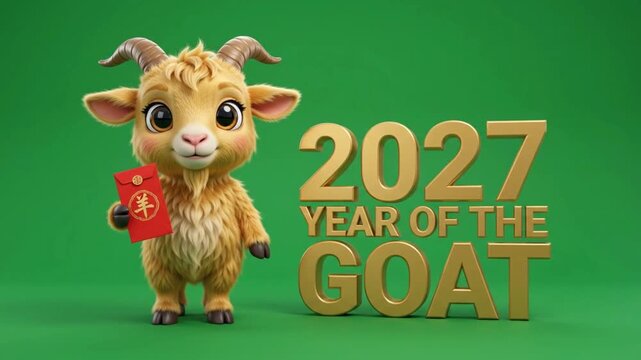 Cute Cute Goat Character Holding Red Envelope Beside 2027 Year of the Goat Gold Text Green Screen