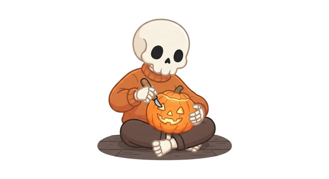 Cute skeleton carving a jack o' lantern pumpkin for Halloween, vector style icon graphic.