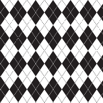 Argyle seamless pattern, black and white diamond geometric background, classic preppy fabric texture vector for textile design