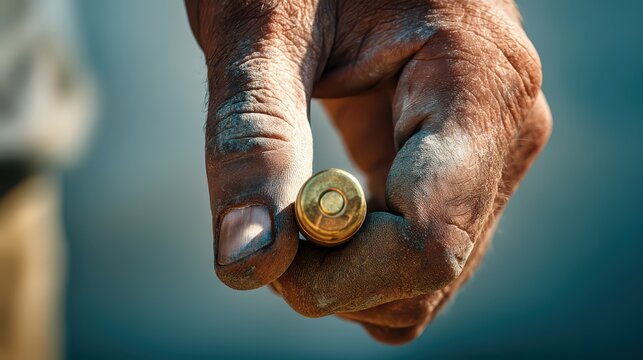 Weathered hand holding single brass bullet casing with shallow depth of field during daylight