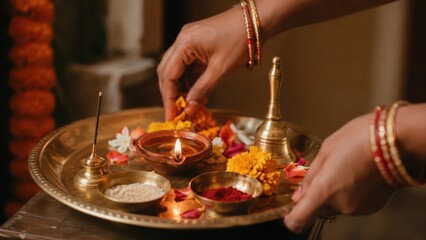 Fototapeta premium Woman arranges marigolds around glowing diya on traditional Diwali puja tray indoors