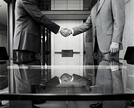 Businessmen shaking hands over glass table signifying partnership and success in modern office.