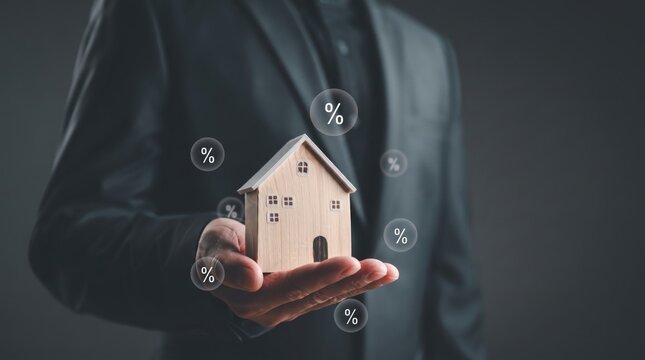 Hand holding wooden house model surrounded by percentage signs, real estate mortgage interest rates and property investment concept