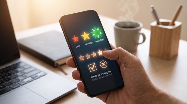 Customer satisfaction survey on smartphone screen showing star rating system from poor to excellent, user feedback review app interface, mobile service quality evaluation concept.
