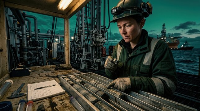 Woman geologist on offshore oil rig examines core samples with drilling platform and ship in background