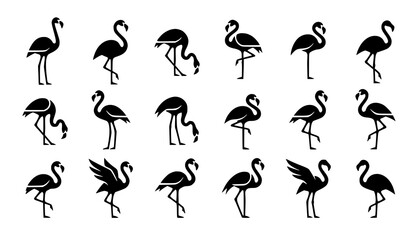 Obraz premium Minimalist Pink Flamingo Silhouette Vector Icon Set with Tropical Birds in Various Posing Standing and Feeding Positions for Summer Beach Resort Branding