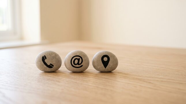Three round stones with black contact icons phone email location on wooden table near window, communication concept background for business card or website design
