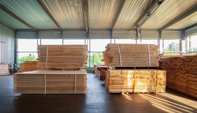 stacked piles of cut natural solid wood lumber beams stored inside bright large industrial warehouse with big clear windows and green view outside