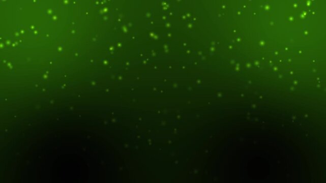 Abstract green glowing particles floating on dark background with subtle bokeh and light motion. Ideal for nature, bio, and event visuals.