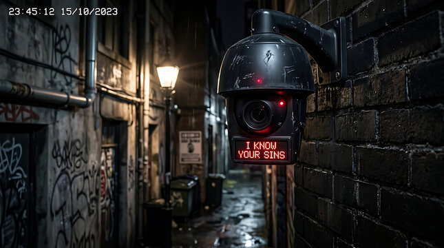 Surveillance camera in a dark alley with graffiti and a glowing red message.